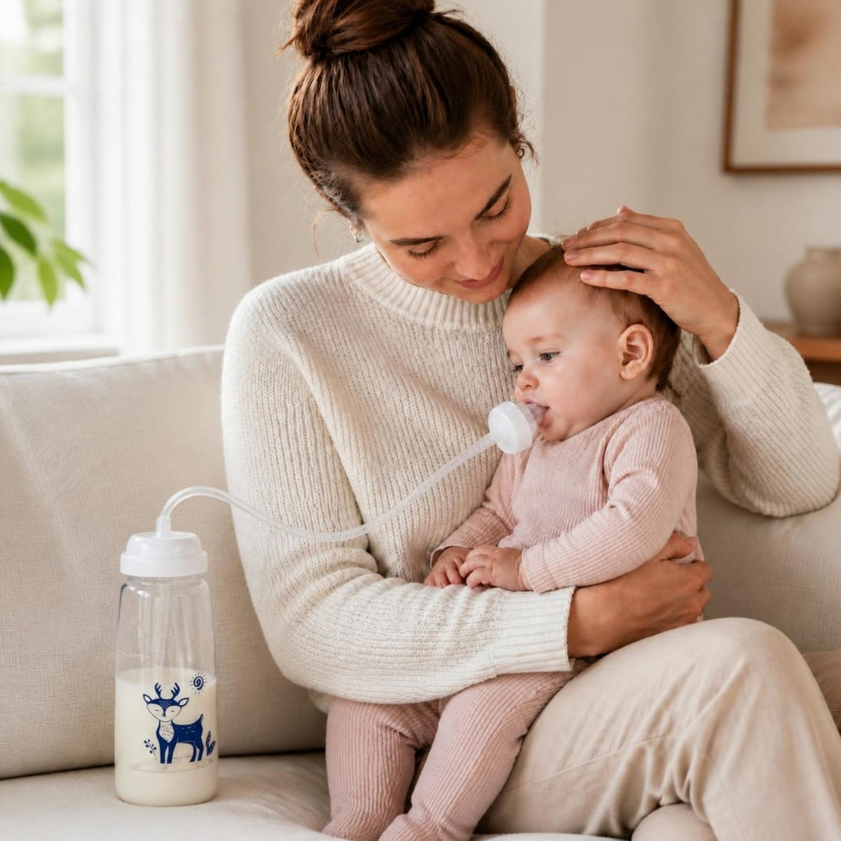 Mama hält ihr Baby liebevoll im Arm, das Baby trinkt mit der Freihand-Babyflasche